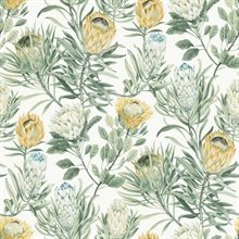 White &amp; Yellow Large Drawn Protea Floral &amp; Leaf Wallpaper