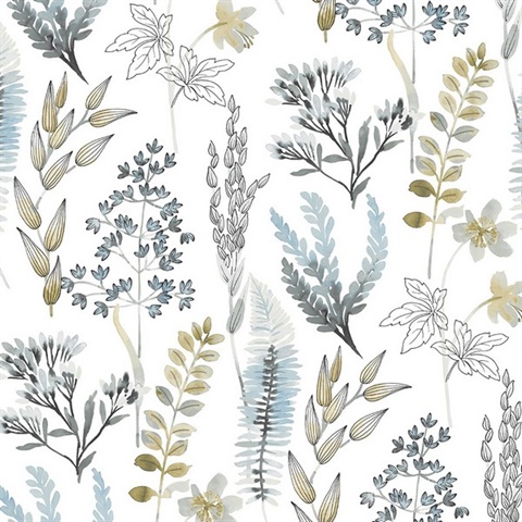 Wild Garden Botanical Glacier Blue & Matte Brass Peel and Stick Wallpa