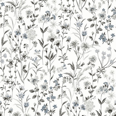 Wildflowers Floral Charcoal & Bluestone Peel and Stick Wallpaper