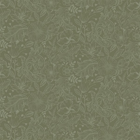 Wilma Green Scandinavian Floral Block Print Wallpaper