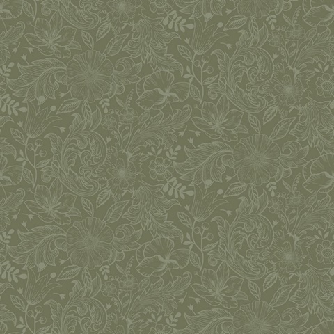 Wilma Green Scandinavian Floral Block Print Wallpaper