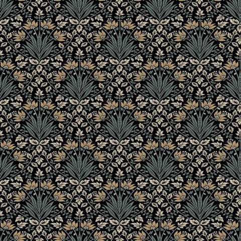 Woodbury Black Floral Damask Wallpaper