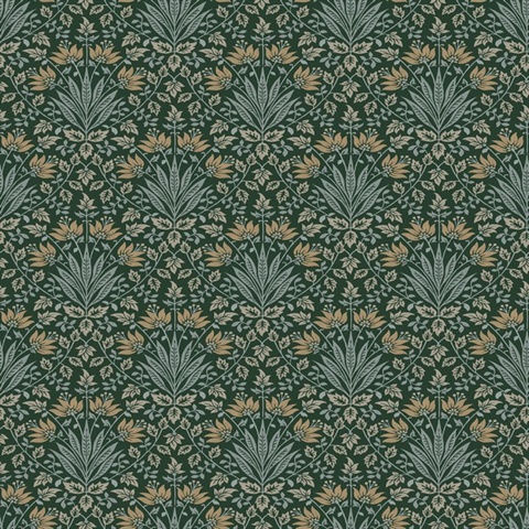 Woodbury Evergreen Floral Damask Wallpaper