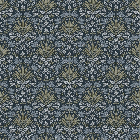 Woodbury Navy Floral Damask Wallpaper