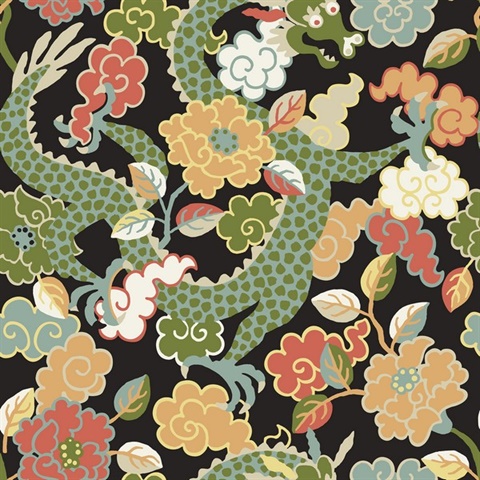 Yanci Green Vibrant Floral Dragon Wallpaper