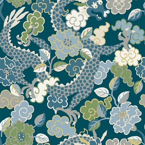 Yanci Teal Vibrant Floral Dragon Wallpaper