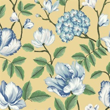 Yellow Morning Garden Tulip &amp; Hydrangea Floral Wallpaper