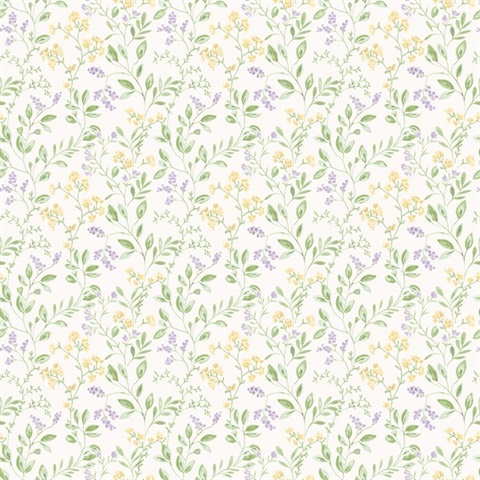 Yellow & Purple Spring Leaf & Floral Trail Wallpaper