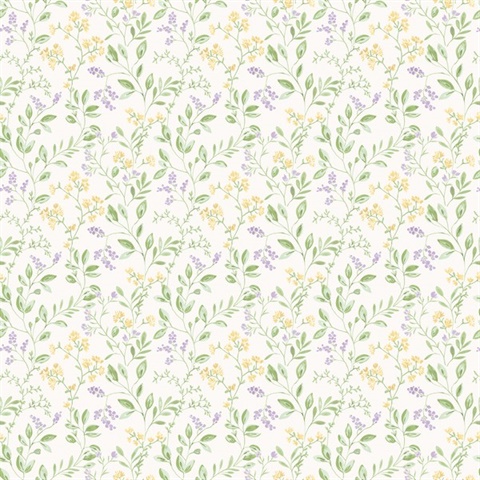 Yellow & Purple Spring Leaf & Floral Trail Wallpaper