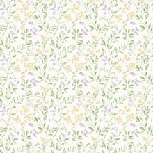 Yellow & Purple Spring Leaf & Floral Trail Wallpaper