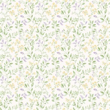 Yellow & Purple Spring Leaf & Floral Trail Wallpaper