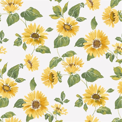 Yellow Various Sized Illustrated Sunflower Trail Wallpaper