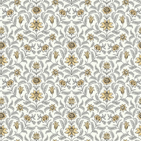 Yellow Vintage Blooms French Leaf & Petals Wallpaper