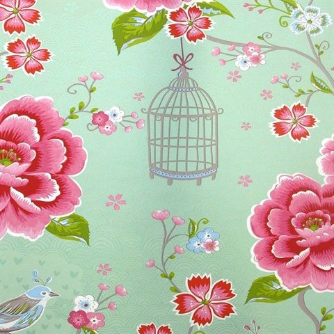 Yuma Light Green Birds & Birdcages Wallpaper