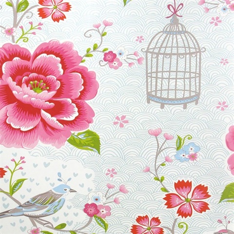 Yuma White Birds & Birdcages Wallpaper