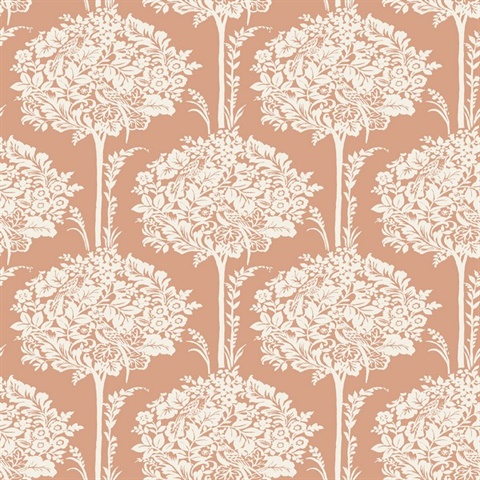 Zaria Apricot Damask Botanical Topiary Wallpaper