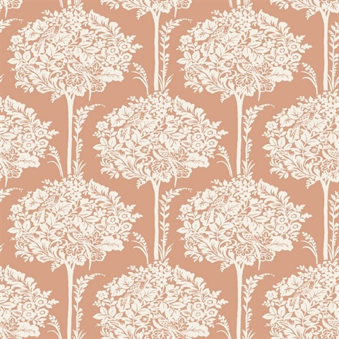 Zaria Apricot Damask Botanical Topiary Wallpaper