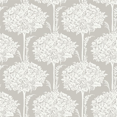 Zaria Grey Damask Botanical Topiary Wallpaper