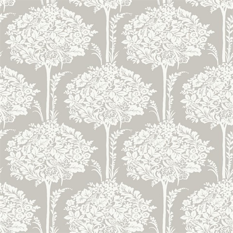 Zaria Grey Damask Botanical Topiary Wallpaper