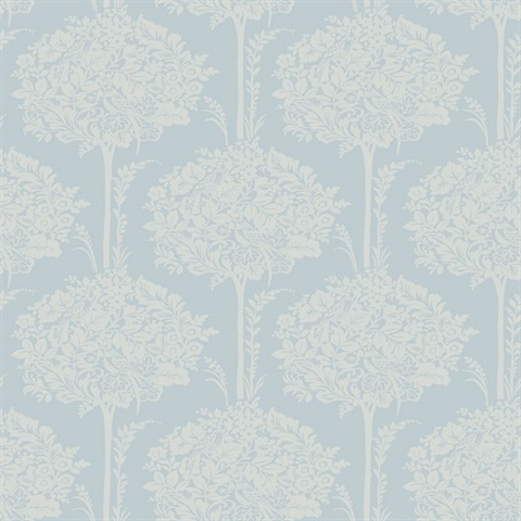 Zaria Light Blue Damask Botanical Topiary Wallpaper