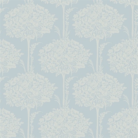 Zaria Light Blue Damask Botanical Topiary Wallpaper