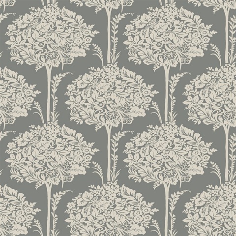 Zaria Slate Damask Botanical Topiary Wallpaper