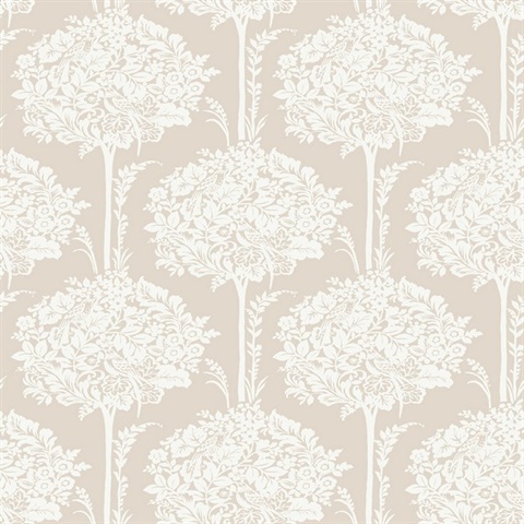 Zaria Taupe Damask Botanical Topiary Wallpaper
