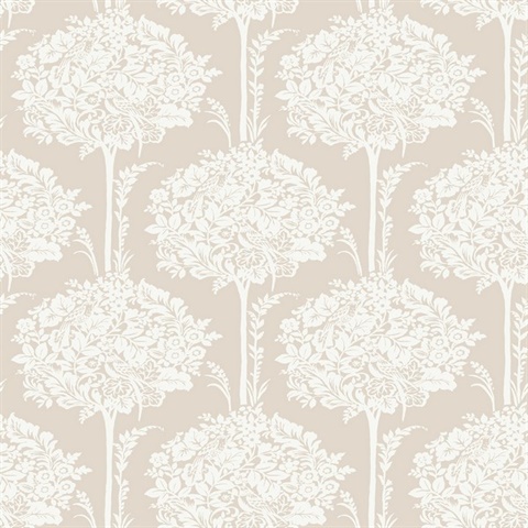 Zaria Taupe Damask Botanical Topiary Wallpaper