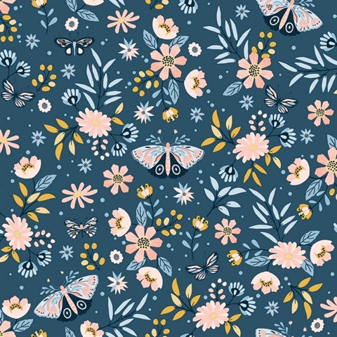 Zev Blue Floral Butterfly Wallpaper