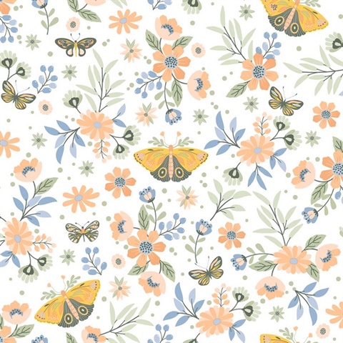 Zev Coral Floral Butterfly Wallpaper