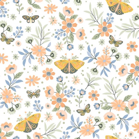 Zev Coral Floral Butterfly Wallpaper