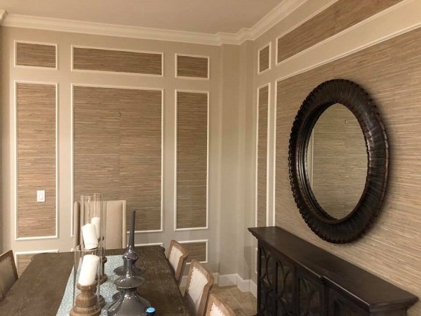 Dining Space with Blue Grasscloth Wallpaper and Wainscoting  Transitional   Dining Room