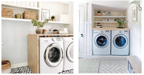 White and Blue Laundry Room with Wallpaper as Backsplash  Transitional  Laundry  Room